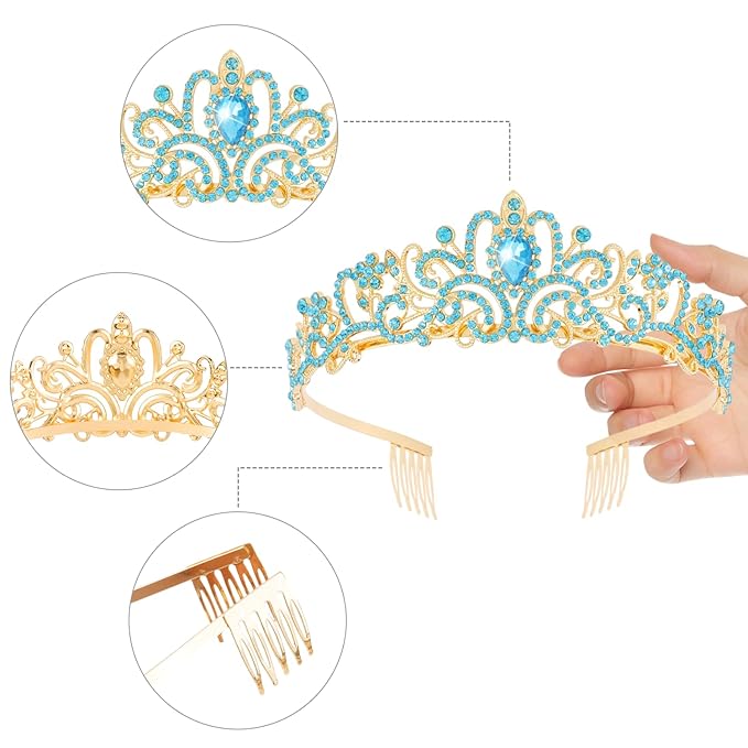 Didder Gold Aque Blue Rhinestone Princess Tiaras and Crowns for Women and Girls Birthday Tiara Crown Halloween Costume Party Wedding Prom Headpiece