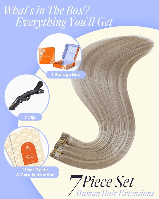 Full Shine Ash Blonde Clip in Hair Extensions Highlighted Blonde Hair Extensions Clip in for Women Thick Remy Hair 16 Inch 7 Pcs 135 G