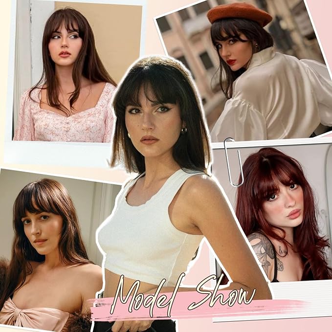 Clip in Bangs, Synthetic French Bangs Hair Clip, Light Auburn Fake Bangs Fringe with Temples Hairpieces for Women Natural Curved Hair Extensions for Daily Wear