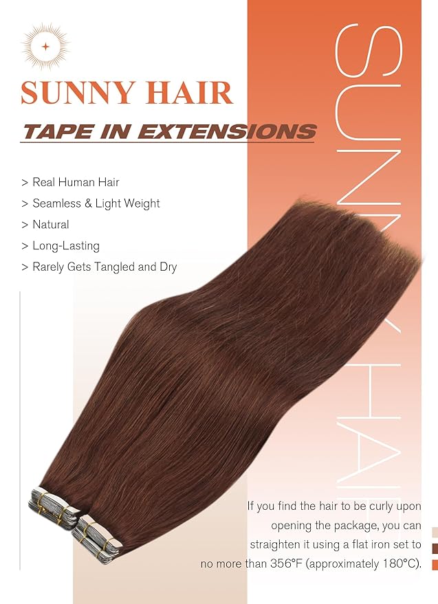 Sunny Hair Tape in Hair Extensions Real Human Hair Invisible Remy Hair Extensions Tape ins for Women Auburn Brown 14 inch 20Pcs 50G