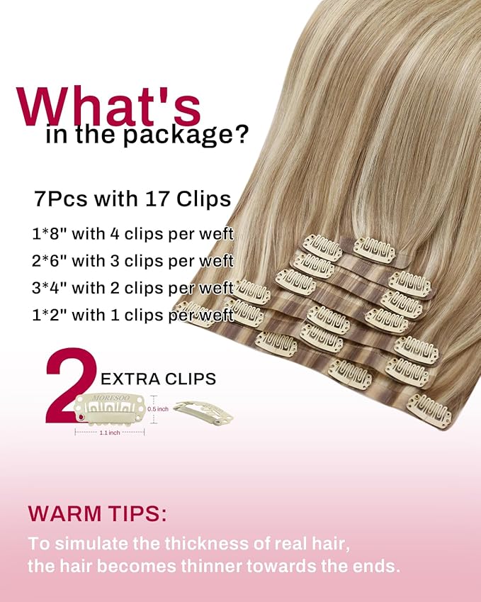 Moresoo Seamless Clip in Hair Extensions Human Hair Remy Straight PU Weft Human Hair Clip in Extensions Full Head Light Brown Highlight with Blonde 7pcs/120g 18inch