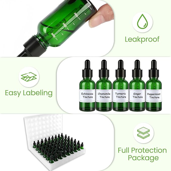 63 Pcs 1oz Green Glass Dropper Bottles with Measurement, 30ml Leakproof Tincture Bottles with Funnels, Eye Droppers, Extra Caps & Labels, Refillable Empty Bottles for Tinctures, Essential Oils
