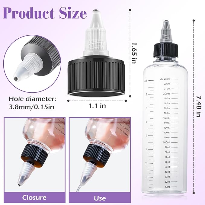 2Pcs Applicator Bottle for Hair, 8.5oz Twist Top Squeeze Oil bottles, Plastic Hair Color Bottle Dispenser Container for Scalp Root Dye Container with Clear Graduated Scale
