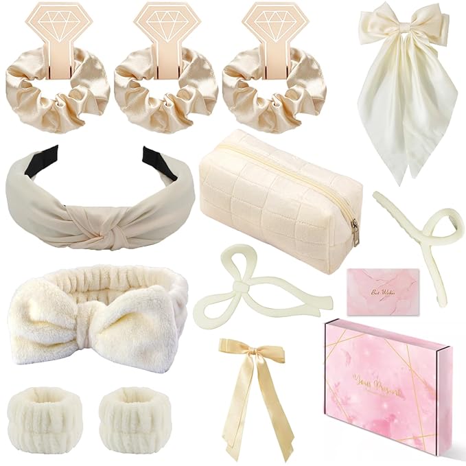 Spa Headband and Wristband Set Top Knotted Headbands Silky Satin Hair Bows Bows Hair Clip Big Hair Claw Clips Butterfly Hair Accessories Satin Silk Scrunchies Quilted Makeup Bag Blank Cards Gift Box