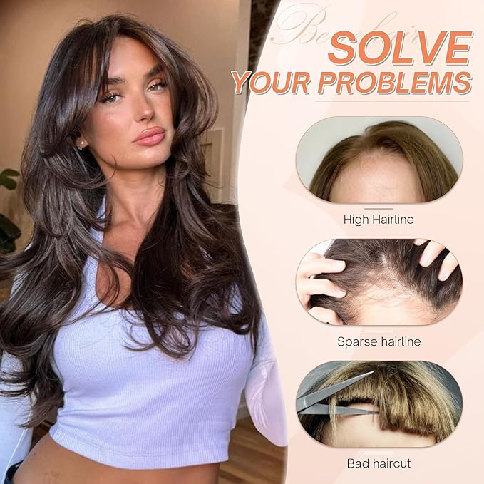 Benehair Clip in Bangs 100% Real Human Hair Extensions 360° Cover Clip on 3D Wispy Bangs for Women Topper Hairpieces for Women Dark Brown