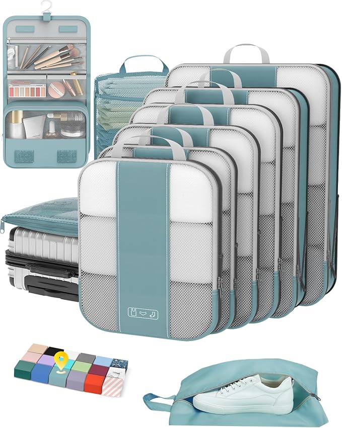 10 Set Compression Packing Cubes for Travel Essentials,Compressible Expandable Packing Cubes for Suitcase,OlarHike Luggage Organizer Bags for Travel,Handy Helper for Organizing Clothes(Blue Gray)