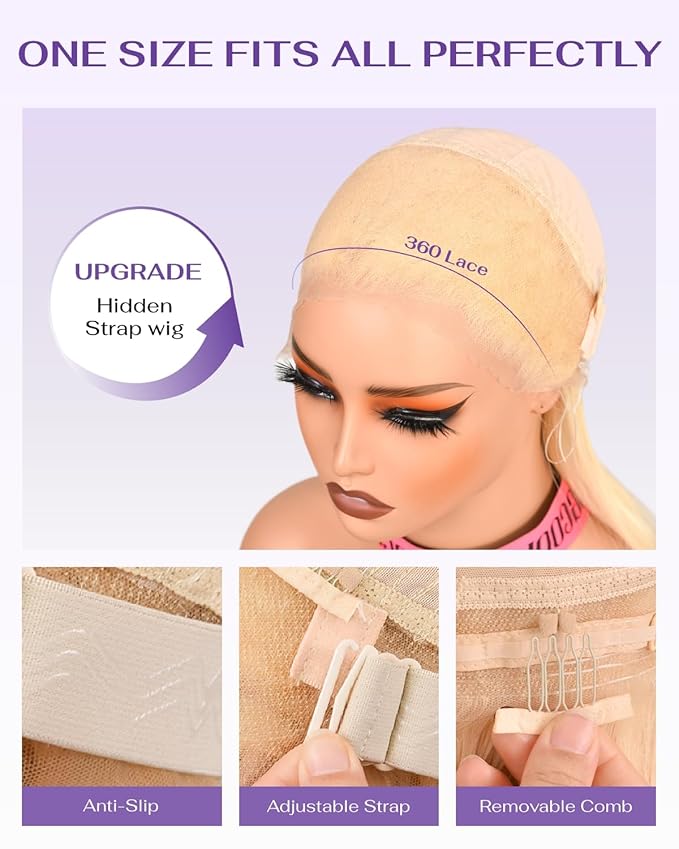 Hidden Strap Body Wave 360 613 Lace Front Wig Human Hair Glueless Wigs Human hair Pre Plucked Pre Bleached 180% Density Blonde Wig With Drawstring HD Full Lace Human Hair Wigs 30Inch