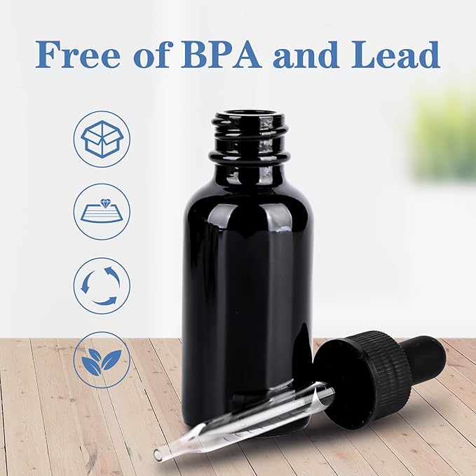 1 oz UV Resistant Dropper Bottle 24 Pack Black Glass Boston Bottles 30ml with Eye Droppers Black Caps for Essential Oils, Perfume, Leak Proof Travel Bottles for Liquids