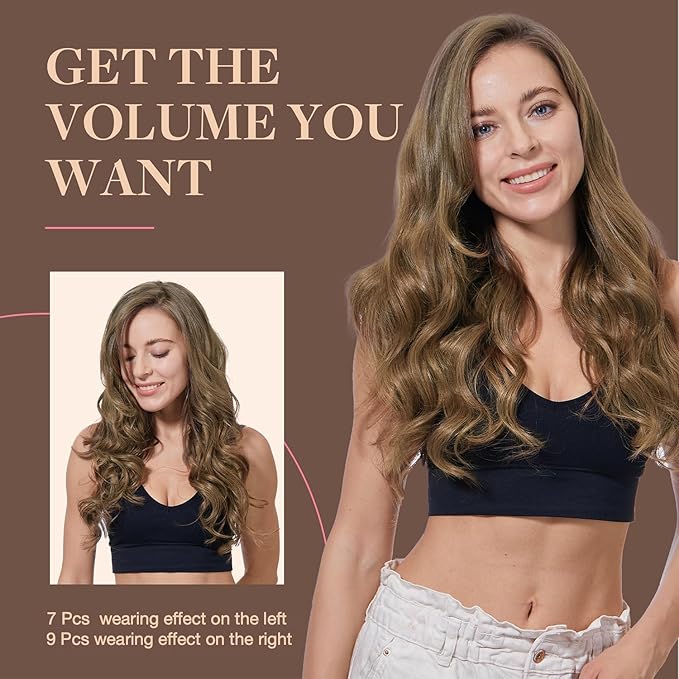 GOO GOO Clip in Hair Extensions Real Human Hair, Remy Human Hair Extensions Clip ins for Women, Natural Human Hair, 16inch 150g 9Pcs, 5 Light Ash Brown