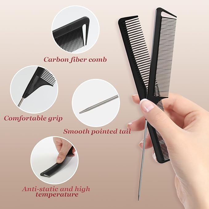2Pcs Hair Combs for Women and Men，Combs for Hair Stylist, Professional Black Carbon Fiber Teasing Comb，Fine and Wide Tooth Barber Comb for All Hair Types（Style 2）