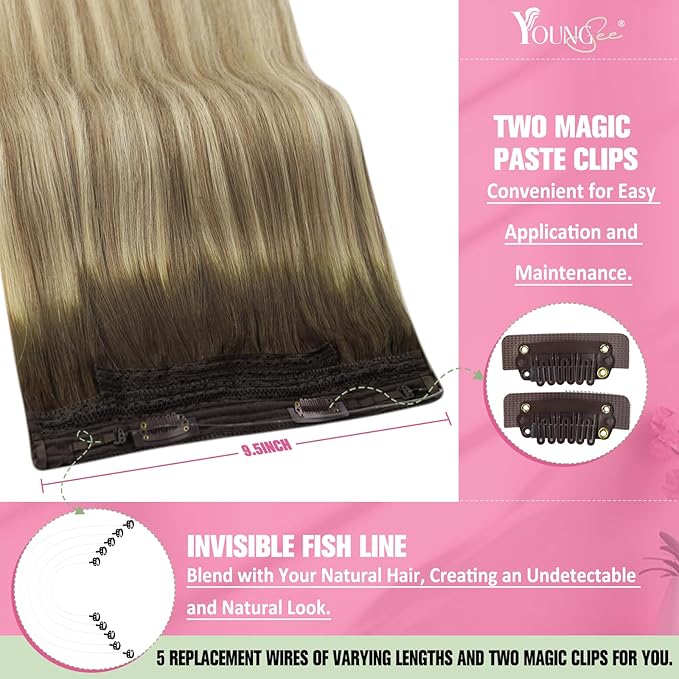 YoungSee Wire Human Hair Extensions Brown Blonde Invisible Wire Hair Extensions Real Human Hair Walnut Brown Ombre Blonde Highlight Remy Human Hair Fish Line Extensions 14Inch 80G