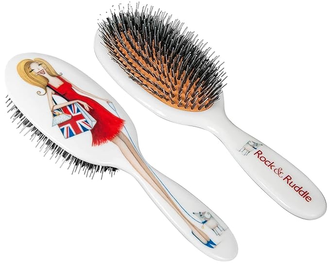 Rock & Ruddle Natural Mixed Boar Bristle Hair Brush for Women and Kids (Large, 21cm) - Perfect for Wet or Dry Hair, Detangling Smoothing Blowdrying - Designed & Made in UK - Miss Daisy Union Jack