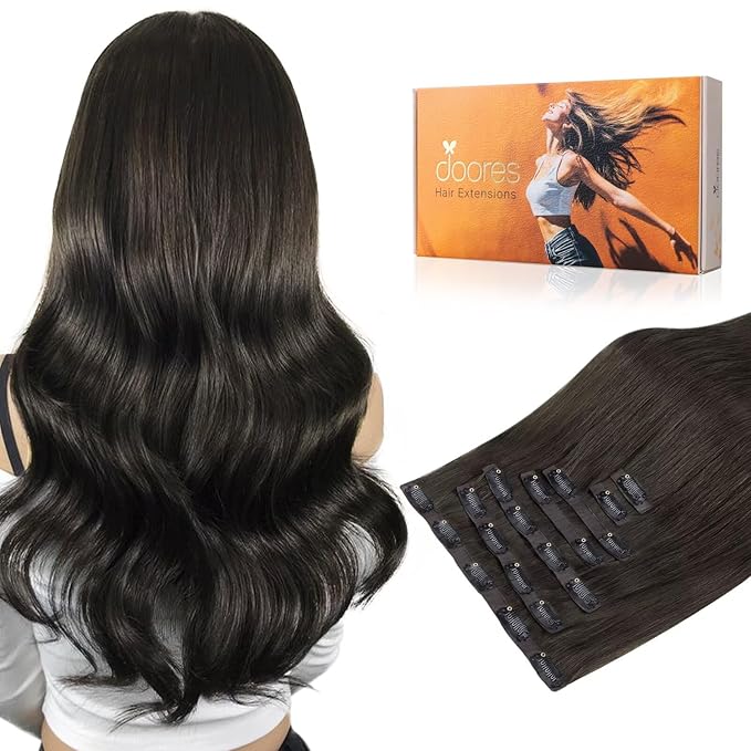 DOORES Human Hair Clip in Extensions - Mocha Brown, 22 Inch, 7pcs 110g - Seamless Remy Hair With Invisi Edge, Skin Weft Straight Hair