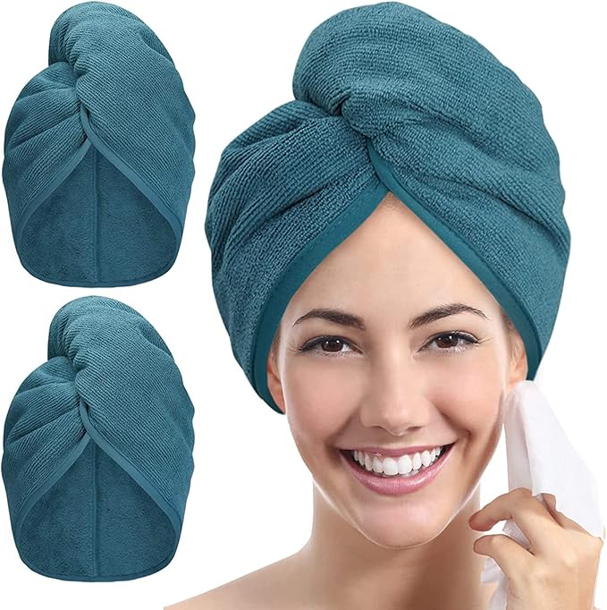 Microfiber Hair Towel Hair Wrap: 2 Pack 10X26 Hair Dryer Towels for Women Absorbent Turban Twist Hair Drying Shower Cap Curly Hair Products for Hair Care Hair Accessories (04 2-Pcs Navy Blue)