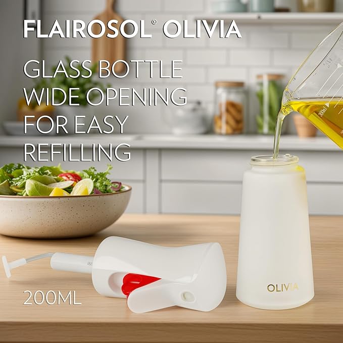 FLAIROSOL OLIVIA Oil Sprayer for Cooking, 200ml Glass Olive Oil Sprayer, Continuous Cooking Spray with Portion Control, Oil Dispenser for Kitchen, Air Fryer, Salad, BBQ (White Bottle, Gold Print)