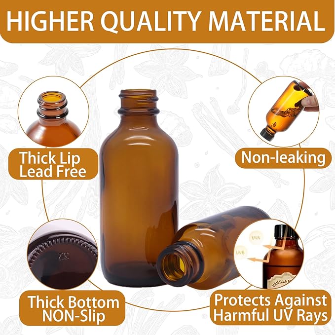 24 Pack 2oz Amber Glass Bottles for Vanilla Extract, Boston Round Leak-Proof Brown Glass Jars with Caps, Bonus Funnel - Ideal for Homemade Extracts, Essential Oils, DIY Christmas Party Gift Supplies