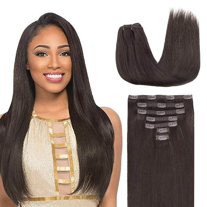 Lashey Clip in Hair Extensions, Straight 16 Inch 7pcs #2 Dark Brown Remy Human Hair Extensions Natural 120g Thick Clip in Hair Extensions for Black Women