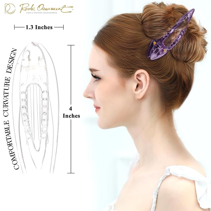 RC ROCHE 6 Pcs Flat Hair Clips Big Claw for Thick Hair French Duckbill Women No Slip Side Slide Curved Alligator Concord Strong Grip Hold Volume Lay Down Clamp, Medium Transparent