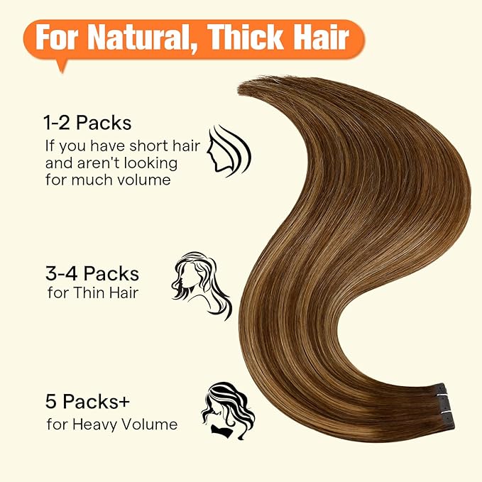 Full Shine Tape in Hair Extensions Human Hair Ombre Hair Extensions Color 4 Medium Brown to 24 Blonde and 4 Medium Brown 24Inch Tape in Extensions 50G Seamless Straight 20PCS Party for Thin Hair