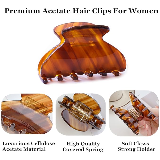 Womens Hair Clips Medium Claw Clips Tortoise Hair Jaw Clips Celluloid Hair Claw Clamps Acetate Hair Clip 3 Pack,Tortoise Shell/Black/Brown