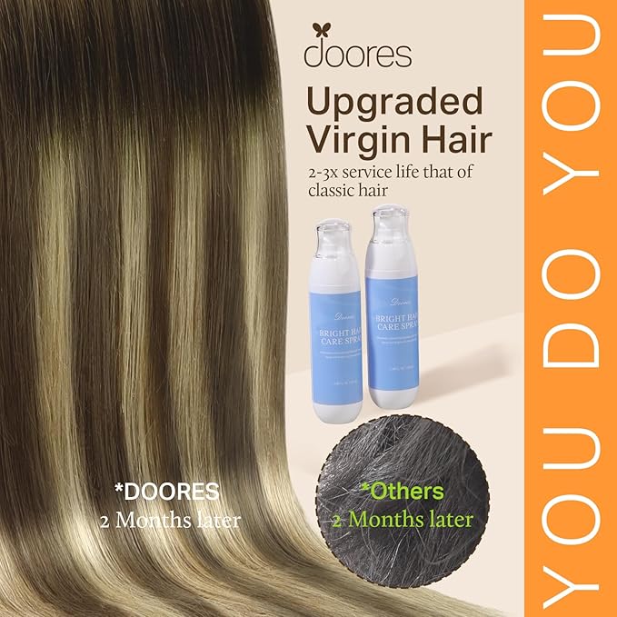 DOORES Hair Extensions Seamless Clip in Human Hair, Walnut Brown to Ash Brown and Bleach Blonde 110g 7pcs 16 Inch, Invisi Edge Hair Extensions Real Human Hair Clip in Remy Straight Hair