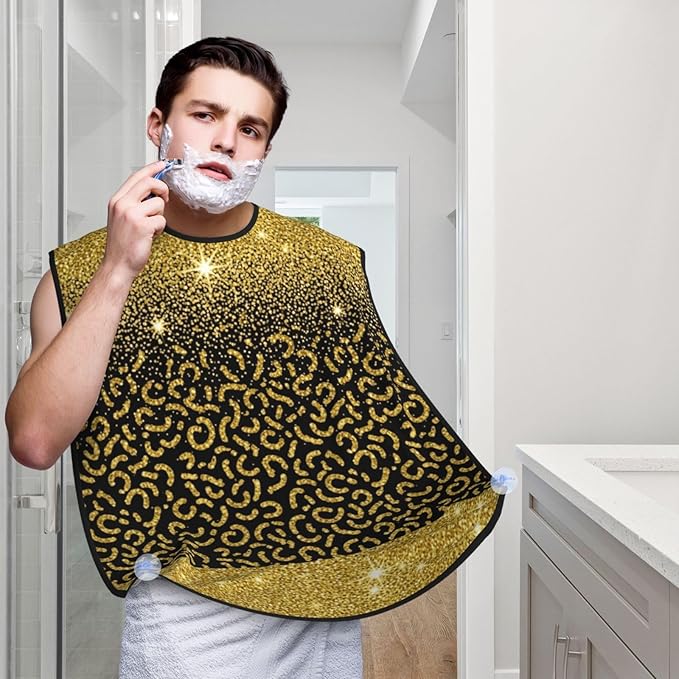 Non-Stick Beard Bib for Shaving, Black Gold Glitter Cheetah Leopard Print Shave Bib, Waterproof Hair Catcher with Suction Cups, Grooming Apron Men Husband
