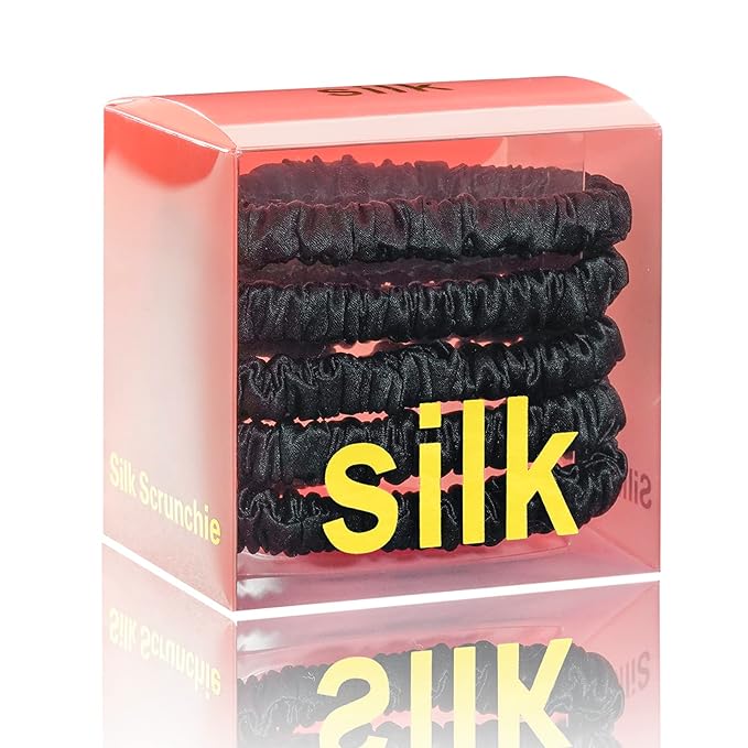 Silmer Silk Scrunchies for Hair Bicolor Hair Tie 100% Mulberry 22 Momme 5 Pack(Black)