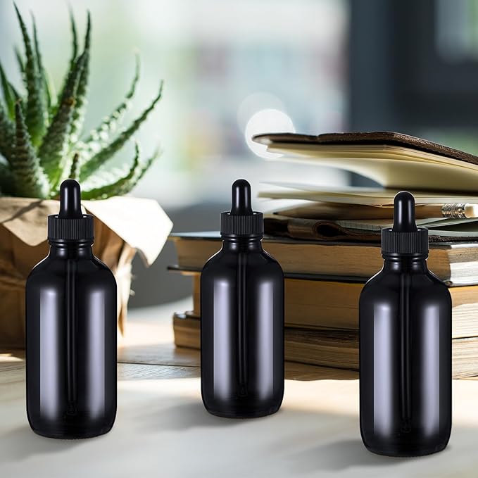 Dandat 50 Pack 4 oz Glass Dropper Bottles Leakproof 120 ml Glass Tincture Bottles with Eye Droppers, 4 Funnels, 54 Labels for Essential Oil Perfumes Hair Oil(Black)
