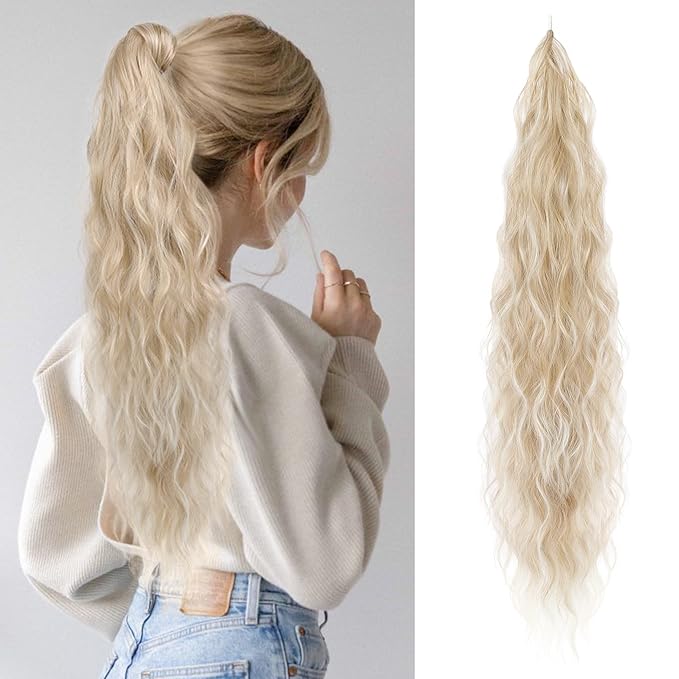 Flufymooz Ponytail Extension, Flexible Wrap Around Ponytail Extension Long Wavy Curly Ponytail Hair Extensions Natural pony tail Synthetic Hairpiece for Women 32 Inch (Dark Blonde to Light Blonde)