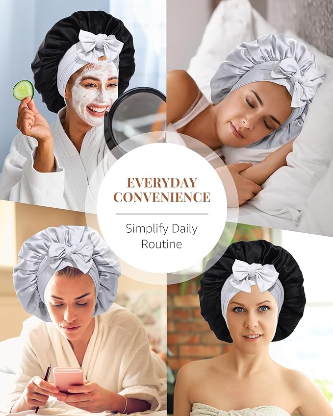 AWAYTR Silk Bonnet for Sleeping Women 100% Mulberry Silk Bonnet with Band 2 Layer Reversible Hair Bonnet Sleeping Hair Wrap (Black/Silver Grey)