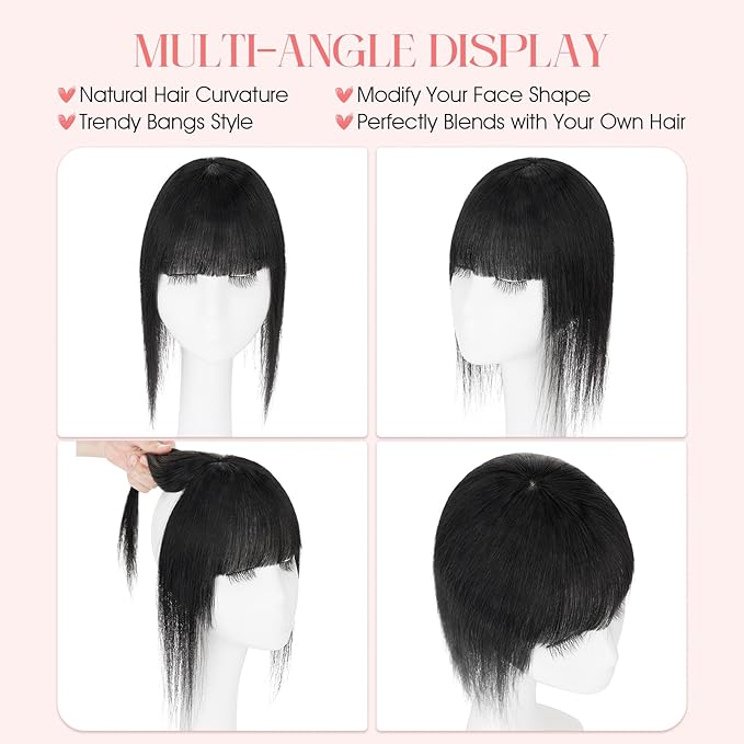 Hairro Mono Hair Toppers with Bangs, 3.4" x 3.4" Mono Base 100% Real Human Hairpieces for Women, 150% Density Clips In Topper for Greyish Thinning Hair, 18 Inch Jet Black