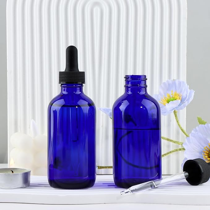 42 Pack 4oz Cobalt Blue Glass Bottles with Glass Eye Droppers for Essential Oils, Perfumes & Lab Chemicals (Brush, Funnels, 3 Extra Droppers, 48 Pieces Labels & 30ml Measuring Cup Included)