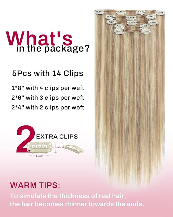 Moresoo Blonde Clip in Hair Extensions Remy Human Hair Golden Blonde Mixed with Medium Blonde to Add Highlights Real Human Hair Extensions Clip ins Invisible Double Weft for Women Short 80g/5pcs 12in