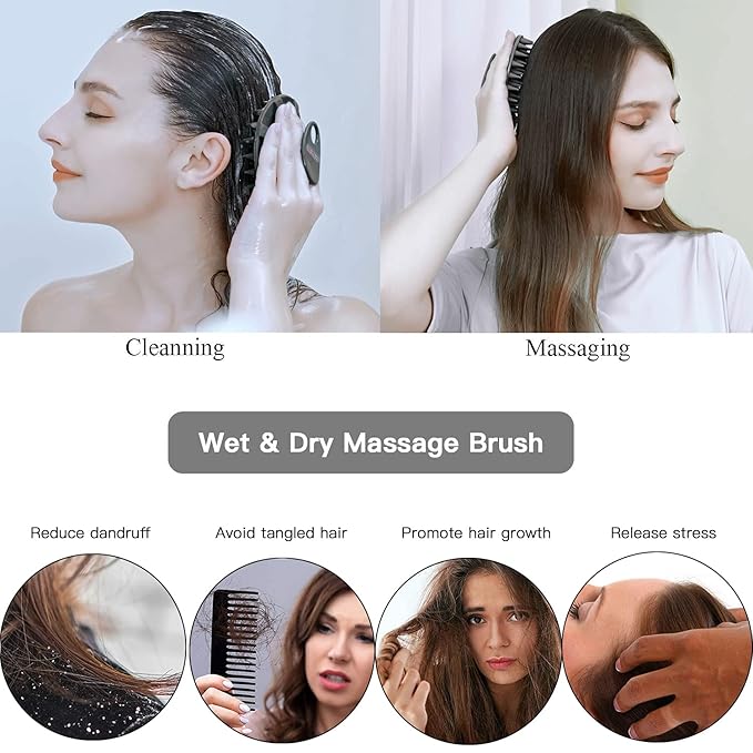 INNERNEED Scalp Care Massager Shampoo Brush, Wet & Dry Manual Head Scrubber Hair Washing, Soft Silicone Bristles, for Hair Growth, Dandruff Removal, Comfortable for All Hair Types (Black)