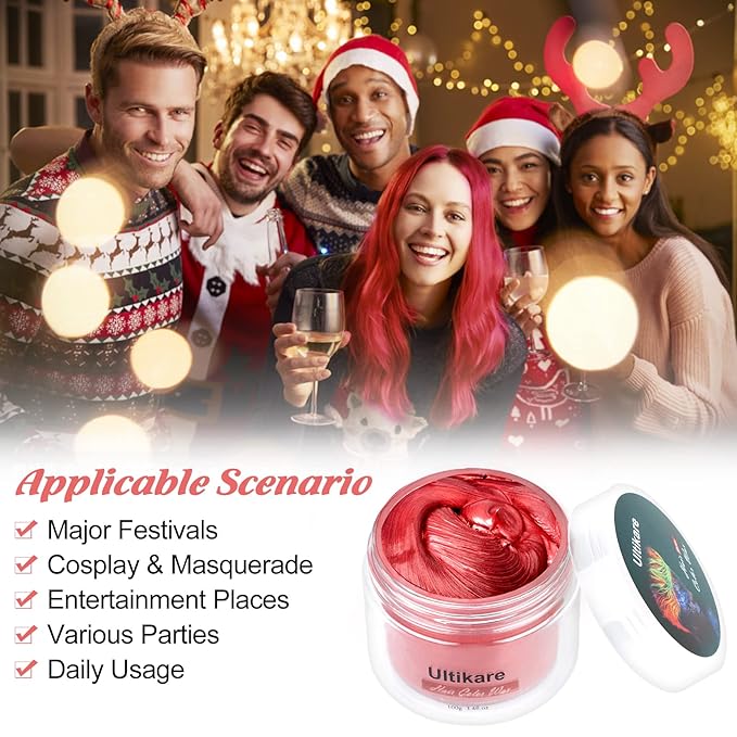 Temporary Hair Color for Kids, Ultikare Red Hair Dye Washable Natural Hair Wax Color Chalk Mud Cream DIY Hairstyle Clay For Dark Hair Halloween, Cosplay, Party, Christmas Gift Girls 3.4 Fl Oz