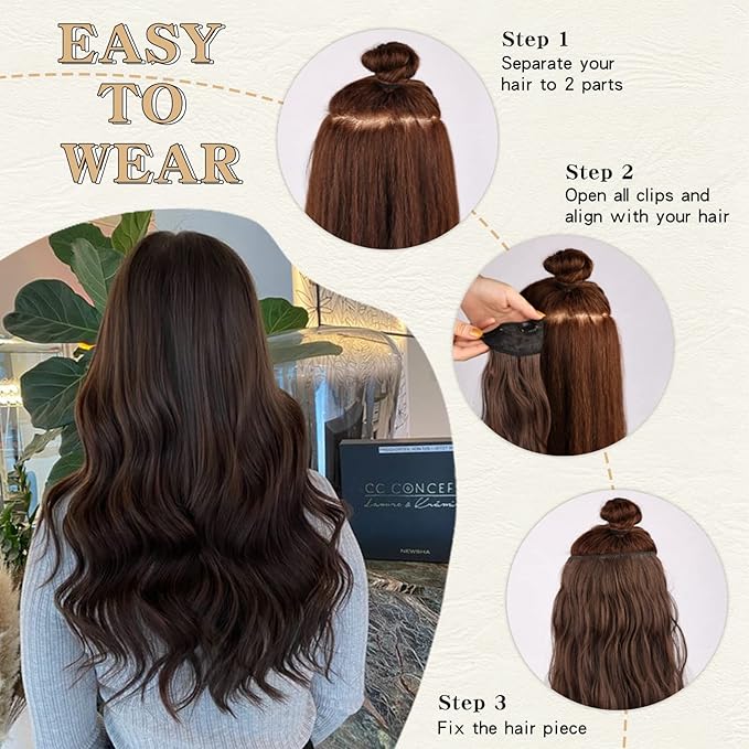 Clip in Hair Extensions, 20 Inch Caramel Brown Mixed Golden Blonde, 4PCS Long Wavy Clip Ins Synthetic Fiber Curly Hair Extensions Full Head Thick Hairpieces