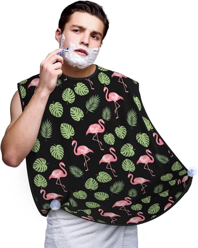 Beard Bib with 3 Suction Cups, Non-Stick Waterproof Hair Catcher Apron, Men's Shaving Essential for Grooming, Tropical Palm Tree Leaves Banana Green Leaf Cute Retro Flamingo Shave Bib