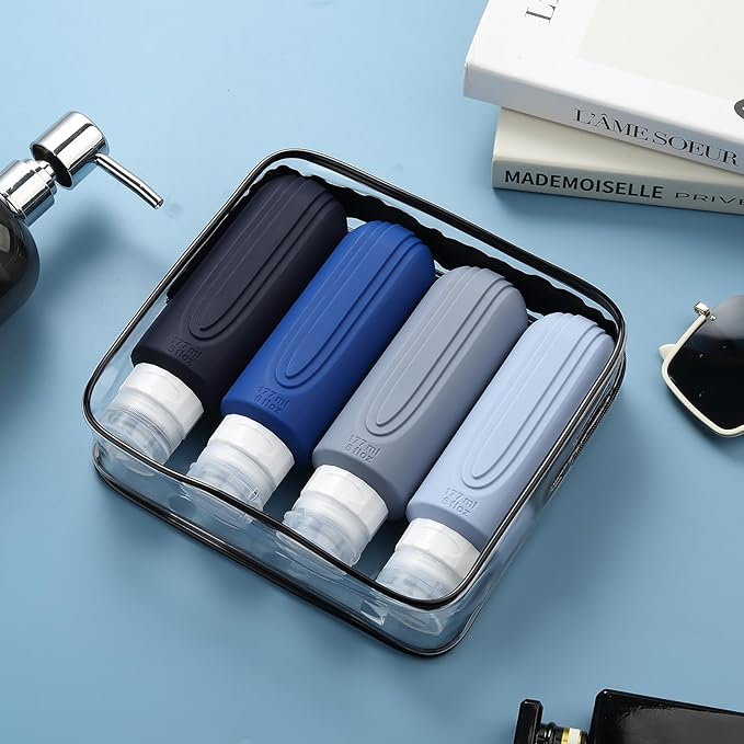 Travel Bottles for Toiletries, Large 6oz Oversize Containers, BPA Free Leak Proof Tubs Refillable Liquid Traveler Accessories with Toiletry Bag for Cometic Shampoo and Lotion Soap (4 Pack)