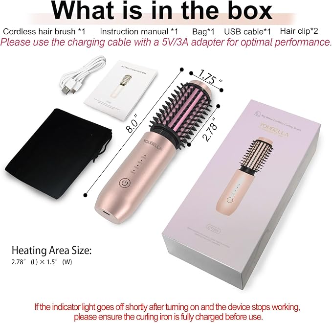 Youbella Cordless Hair Curling Iron Brush, Mini Travel Hot Straightener Comb, 3-in-1 Portable Wave Curling Wand, 1.5″ Ionic Heated Brush, USB Rechargeable Hair Curler, Pink – No Automatic Rotation