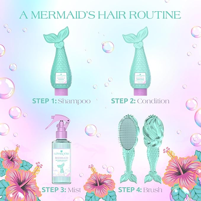 Glimmer Wish Mermaid Detangling Hair Brush for Kids - Anti Frizz and Anti Static - Soft and Long Bristles to Detangle With Ease - Gentle on Hair Kids Hair Brush