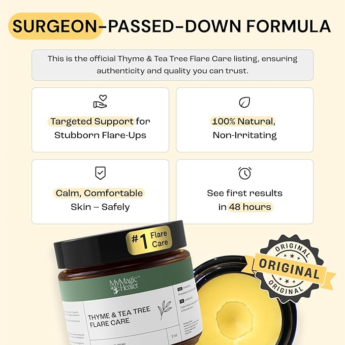 MyMagicHealer Thyme & Tea Tree Flare Care | Ingrown Hair, Razor Bumps, Cystic Acne, Blind Pimples, Bartholin, Pilonidal Cysts | Folliculitis Cure | Piercing Care w/Egg Yolk Extract & Tea Tree 2 oz