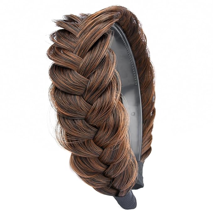DIGUAN Wide Messy Braided Headband With Teeth Synthetic Hair Plaited Headband High Elasticity Braids Chunky Fishtail Braided Hair Band Hairpiece for Girls Women Beauty Accessory (Auburn)