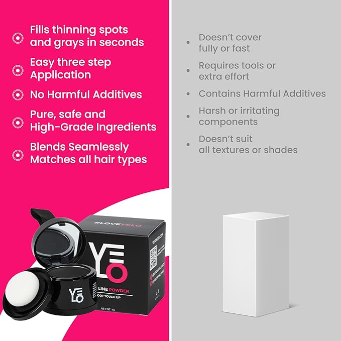 VELO Hairline Powder–BLACK Hair Root Touch Up Powder for Women & Men–Instantly Covers Gray Hair, Thinning Hair & Bald Spots–Sweatproof Root Cover Up–Puff & Mirror Compact, 13 Shades