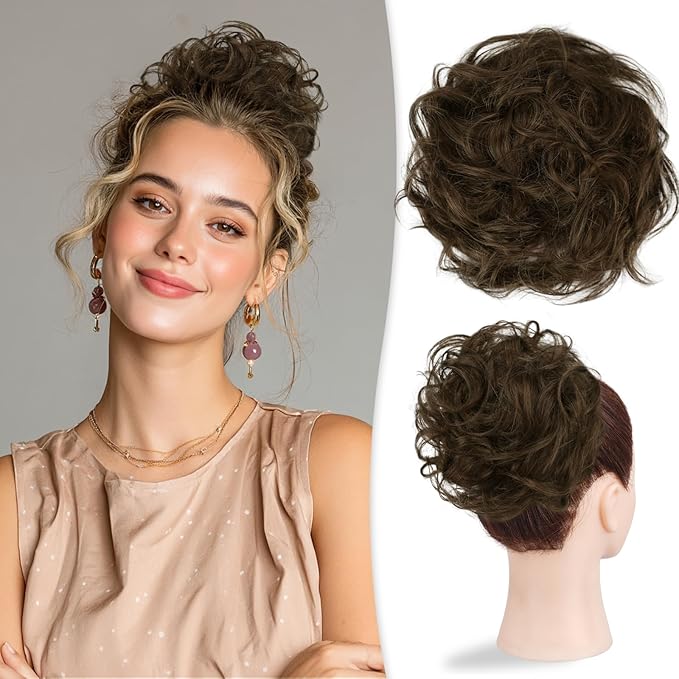 RUWISS Large Messy Bun Hair Piece 100% Human Hair Layered Wavy Curly Hair Buns Hair Piece for Women Thick Updo Hairpiece for Daily Wear Real Hair Scrunchies Medium Brown Ponytail Extension