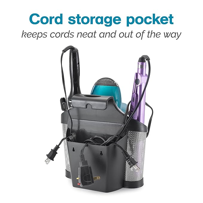 Polder Style Station, Organization for Styling Tools: Hair Dryers,Curling Irons, Straighteners, Brushes, Hang Over Towel Rack, Store Undersink or in Drawer, Black and Silver