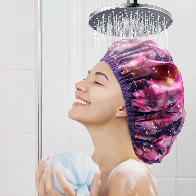 Upgraded Waterproof Terry Shower Caps, Reusable Shower Cap for Women with Long Hair, Soft Absorbent Hair-Protecting Towel Lining Bath Cap, Large Leak-Proof Hair Cap with Fashionable Print Outer-Purple