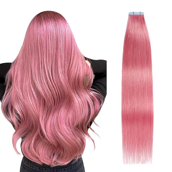 SUYYA Tape in Hair Extensions Human Hair - Hot Pink, 20 Inch, 10PCS/Pack, Straight, 25g
