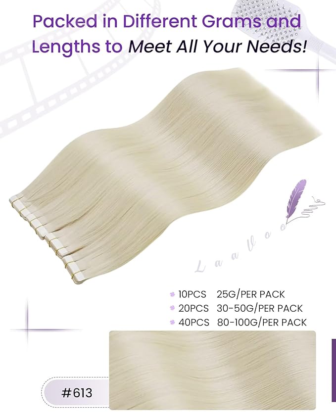 LaaVoo Blonde Hair Extensions Tape in 14 Inch Human Hair Tape in Extensions Bleach Blonde Remy Tape in Hair Extensions Human Hair Blonde Skin Weft 20 Pieces 50 Gram