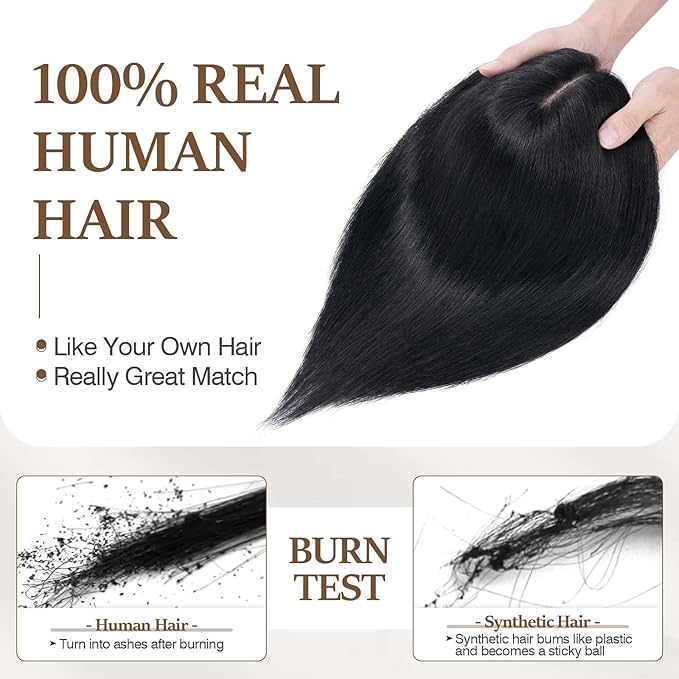 Rich Choices Hair Toppers for Women Real Human Hair 100% Human Remy Toppers NO Bangs for Women with Thinning on Top Clip in Hairpiece 4"x4.7"Lace Base 14 Inch #1 Jet Black
