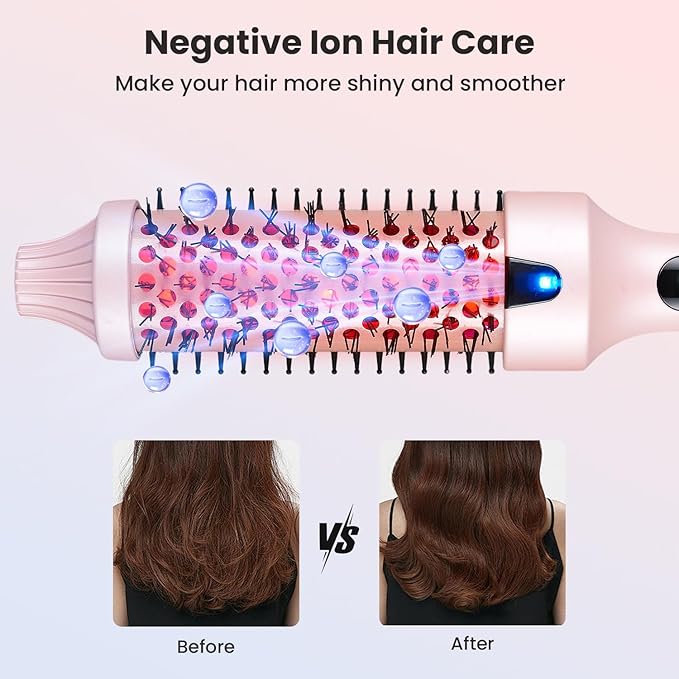 CHIKYO Upgraded Infrared Thermal Brush, 1.5 Inch Heated Round Brush, Negative Ion Curly Hair Brush, Curling Iron with Dual Voltage & Dual PTC & 6 Heat Settings, Pink